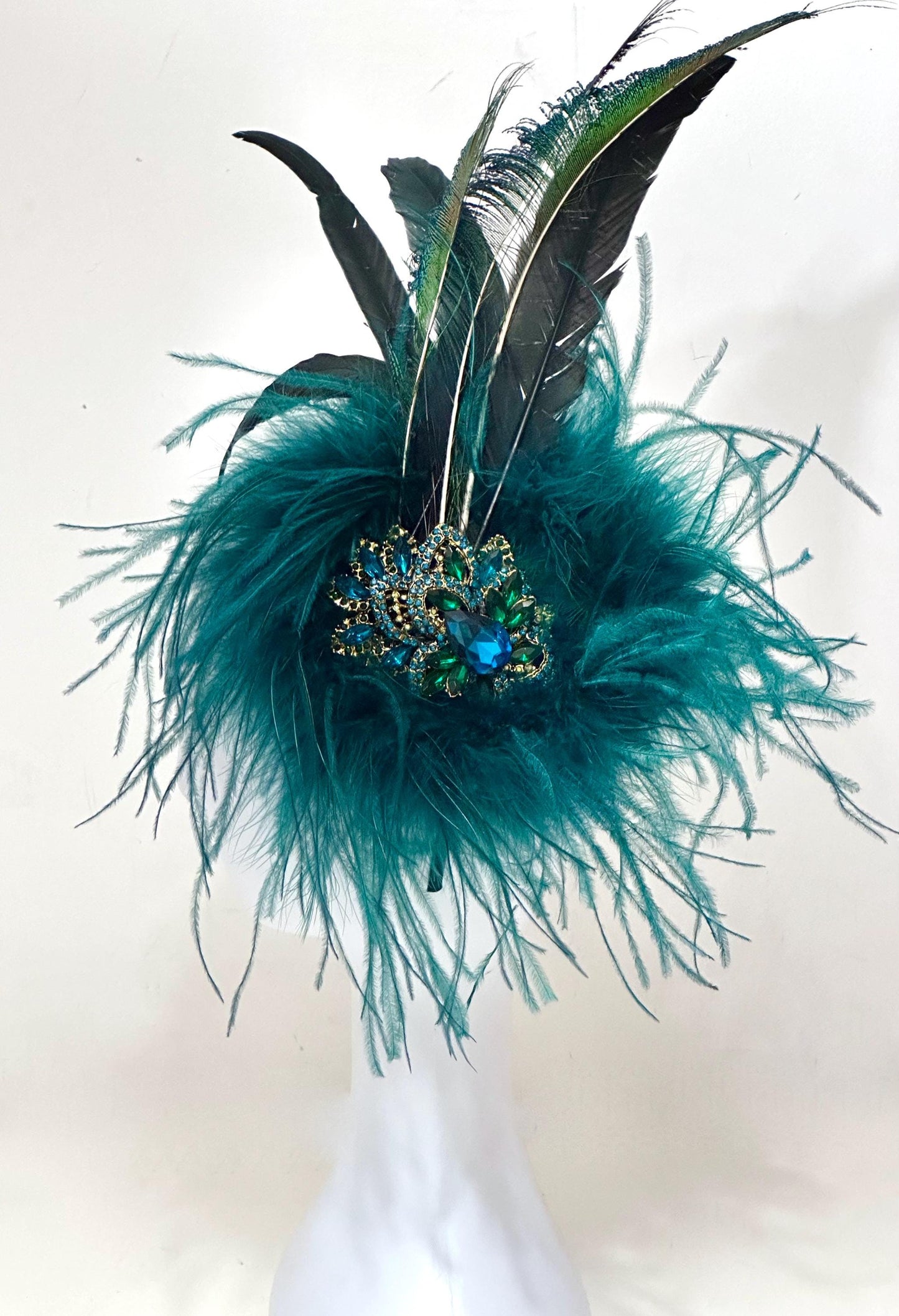 Teal Gold Crystal Fascinator Hat Headband, Wedding Fascinator Hat, Peacock Sphere Ostrich Feather Turquoise Crystal Hat, Church Wedding Hat