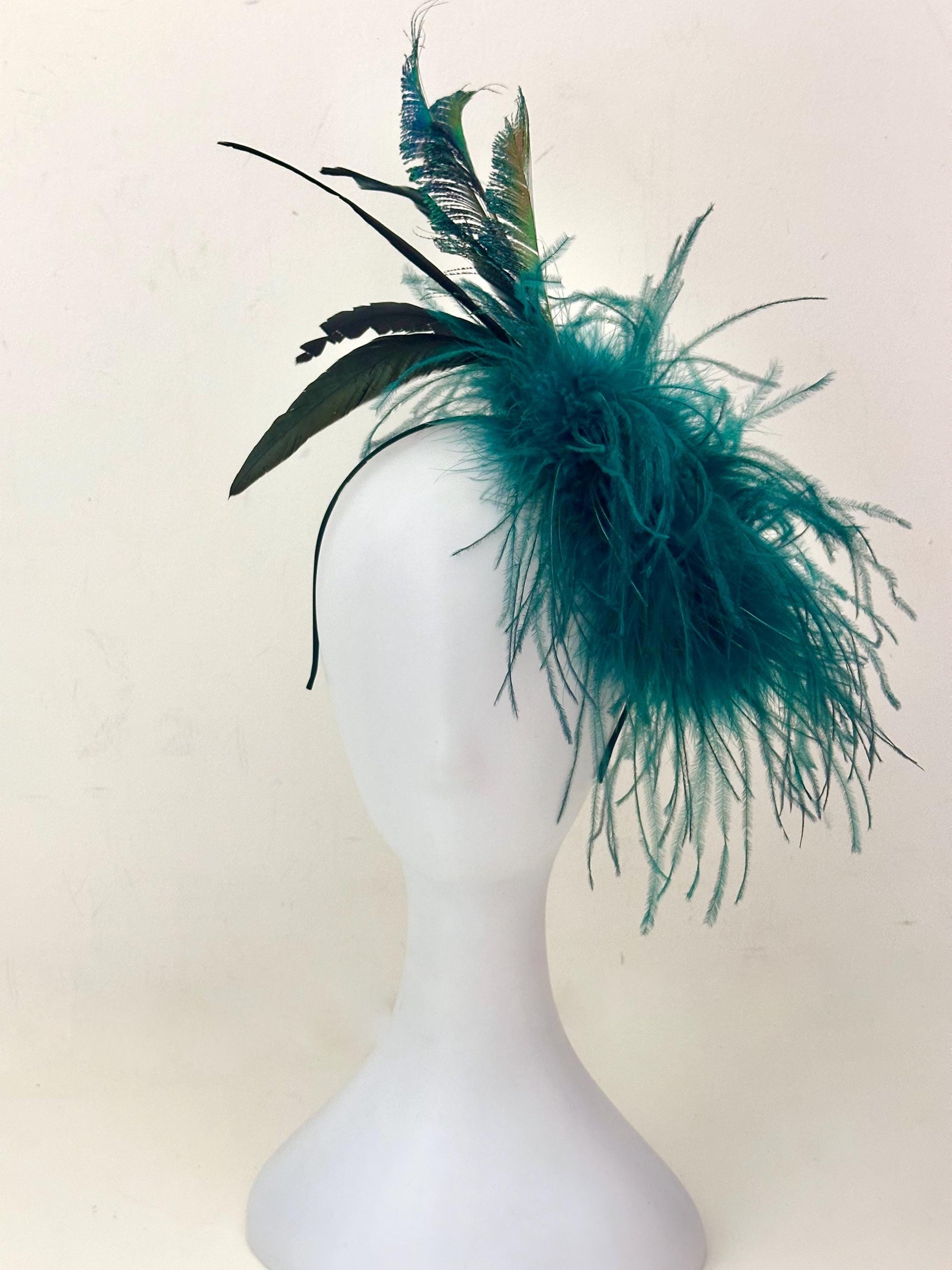 Teal Gold Crystal Fascinator Hat Headband, Wedding Fascinator Hat, Peacock Sphere Ostrich Feather Turquoise Crystal Hat, Church Wedding Hat