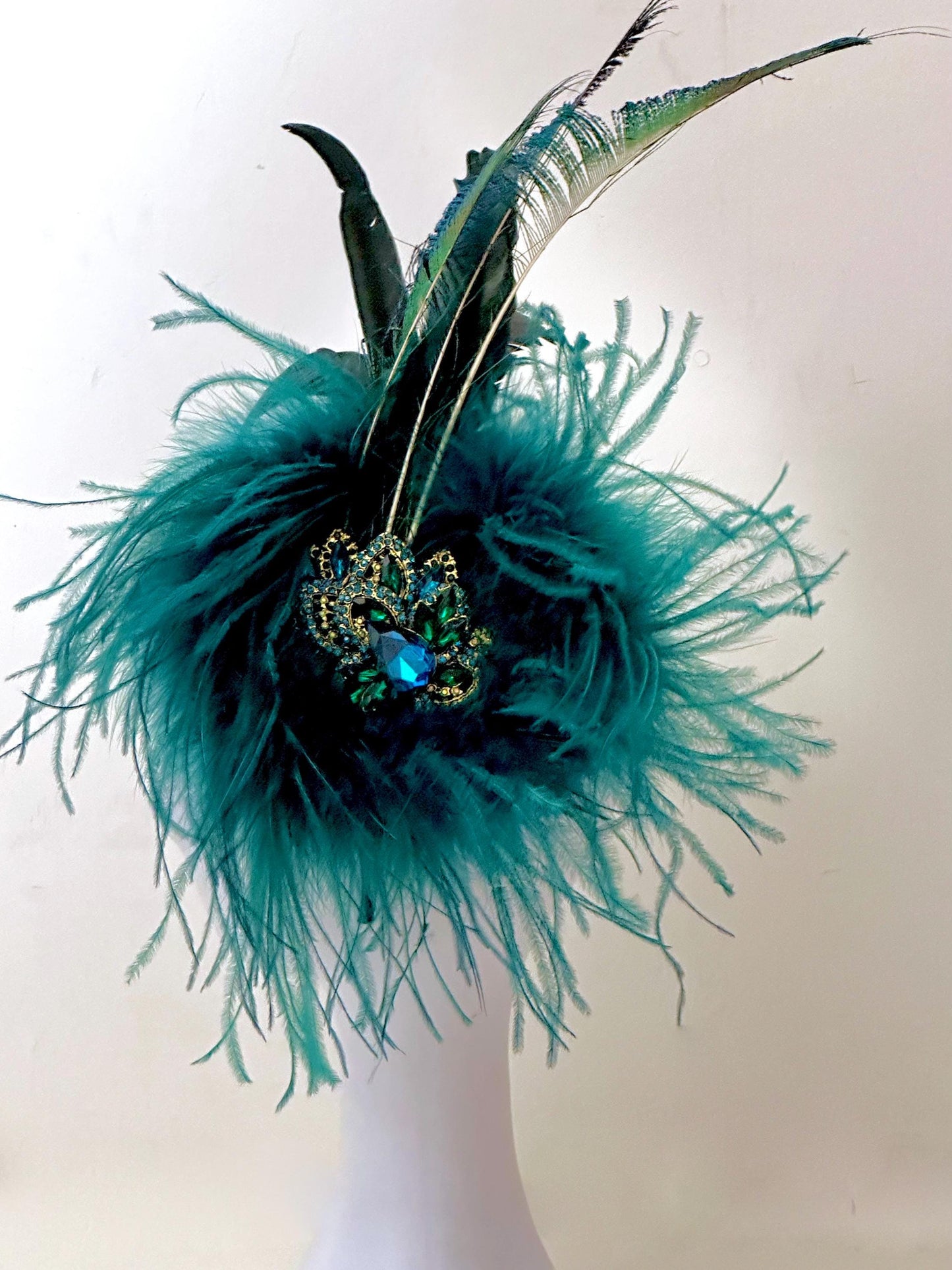 Teal Gold Crystal Fascinator Hat Headband, Wedding Fascinator Hat, Peacock Sphere Ostrich Feather Turquoise Crystal Hat, Church Wedding Hat